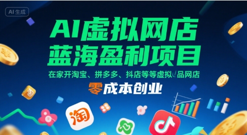 AI虚拟网店蓝海盈利项目，在家开淘宝、拼多多、抖店等虚拟品网店，零成本创业-生财