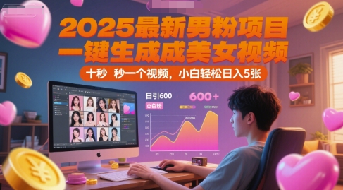 2025最新男粉项目，一键生成美女视频，日引600+色粉 十秒一个视频，小白轻松日入5张【揭秘】-生财