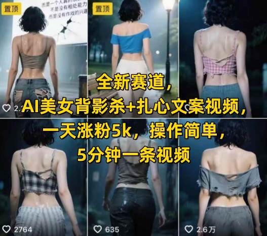 全新赛道，AI美女背影杀+扎心文案视频，一天涨粉5k，操作简单，5分钟一条视频-生财