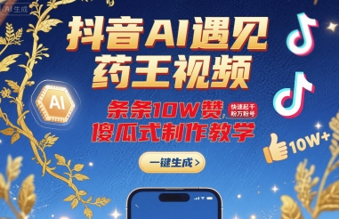 抖音AI遇见药王视频，条条10W赞，快速起千粉万粉号，傻瓜式制作教学-生财