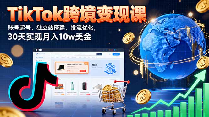 TikTok跨境变现课：账号起号、独立站搭建、投流优化，30天实现月入10w美金-生财