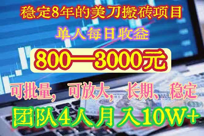 稳定8年的美刀搬砖项目，单人每日收益800—3000.团队4人月入10W+.可线下-生财