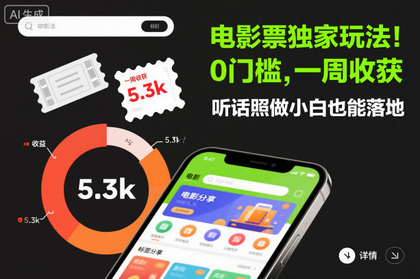 电影票独家玩法！0门槛，一周收获5.3k，听话照做小白也能落地【揭秘】-生财