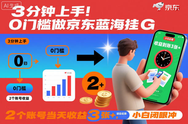 3分钟上手！0门槛做京东蓝海全自动掘金，2个账号当天收益3张+，小白闭眼冲【揭秘】-生财