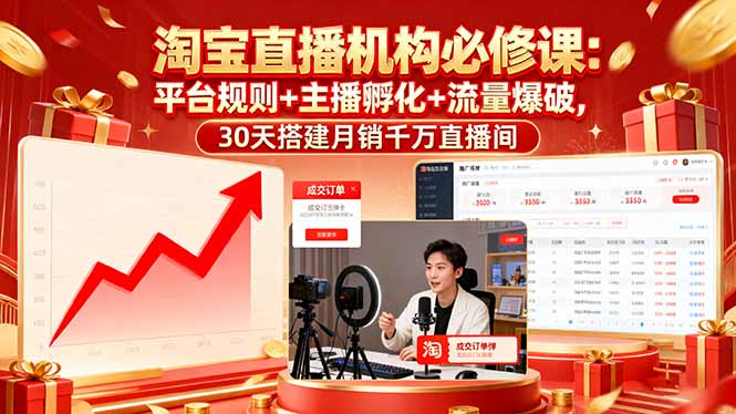 淘宝直播机构必修课：平台规则/主播孵化/流量爆破,30天搭建月销千万直播间-生财