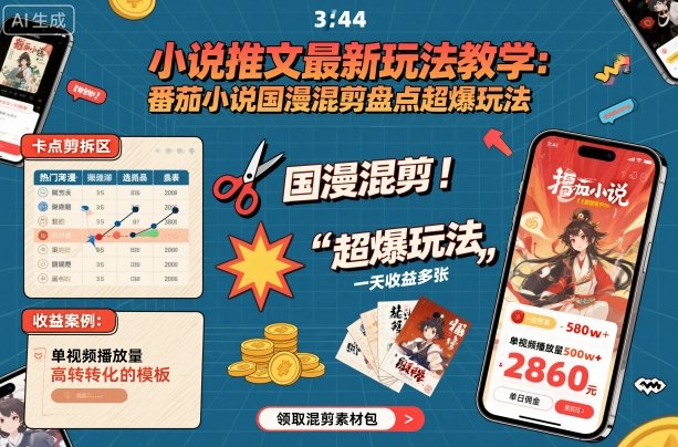 小说推文最新玩法教学,番茄小说国漫混剪盘点超爆玩法,全程干货,一天收益多张-生财