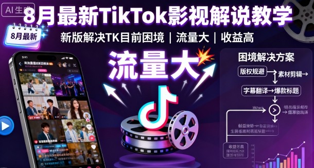 8月最新TikTok影视解说教学，新版解决TK目前困境，流量大，收益高-生财