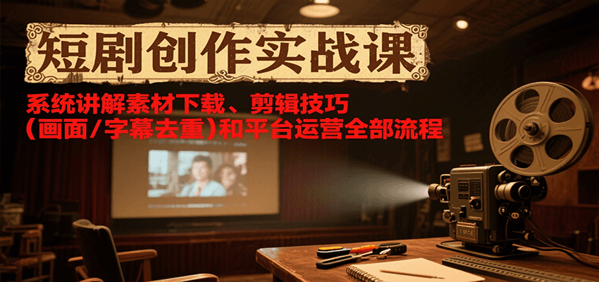 短剧创作实战课，系统讲解素材下载、剪辑技巧(画面/字幕去重)和平台运营全部流程-生财