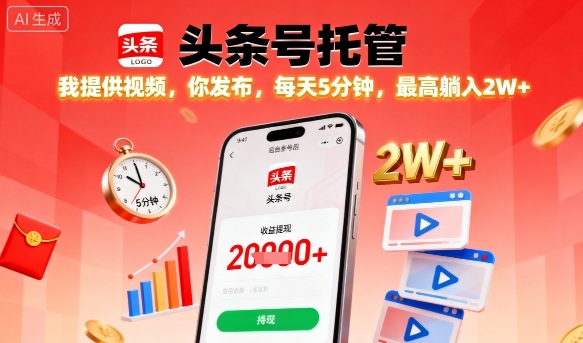【头条号托管】我提供视频,你发布,每天5分钟,最高躺入2W+【揭秘】