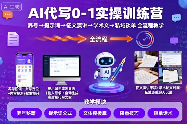 AI代写0-1实操训练营,从养号、提示词、征文演讲、学术文,到私域谈单的全流程教学-生财