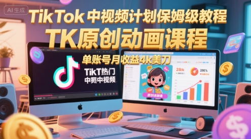 TikTok中视频计划保姆级教程,TK原创动画课程,单账号月收益4k美刀-生财