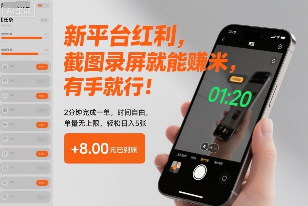 新平台红利,截图录屏就能賺米,有手就行!2分钟完成一单,时间自由,单量无上限,轻松日入5张【揭秘】-生财
