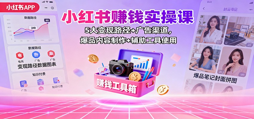小红书赚钱实操课：5大变现路径+广告渠道，爆品内容制作+辅助工具使用-生财