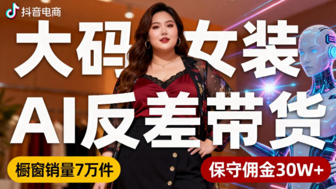 抖音小众赛道，大码女装AI反差带货，不用直播，每天6条作品，橱窗卖7万件，保守佣金30W+-生财