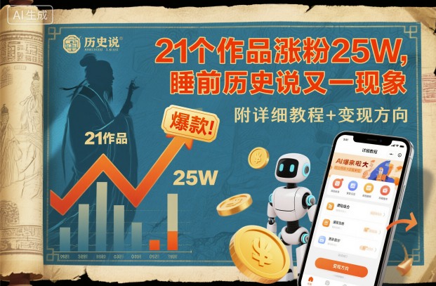 21个作品涨粉25W，睡前历史说又一现象级AI内容大爆款来啦，附详细教程+变现方向-生财