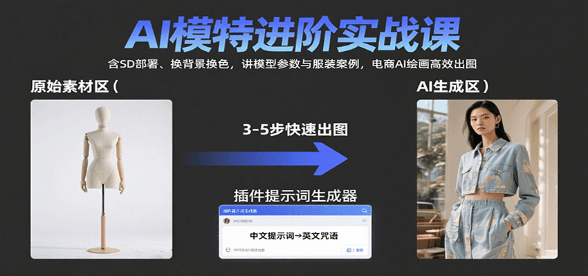 AI模特进阶实战课：含SD部署、换背景换色，讲模型参数与服装案例，电商AI绘画高效出图-生财