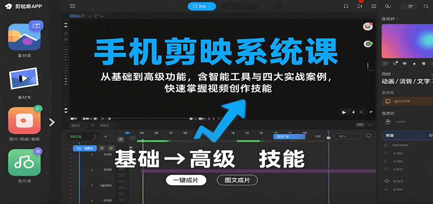 手机剪映系统课，从基础到高级功能，含智能工具与四大实战案例，快速掌握视频创作技能-生财