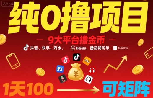 纯0撸项目，9大平台撸金币，抖音，快手，汽水，番茄畅听等，1天100，可矩阵-生财