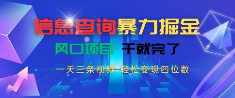 信息查询暴力掘金，一天三条视频，轻松变现四位数，风口项目干就完了【揭秘】-生财