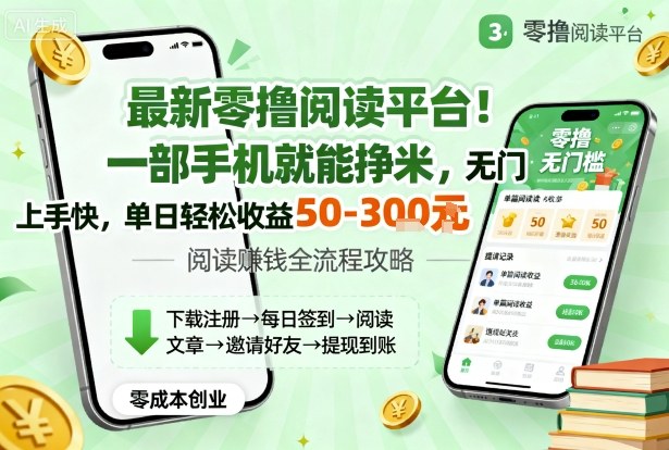 最新零撸阅读平台！一部手机就能挣米，无门槛上手快，单日轻松收益50-3张【揭秘】-生财