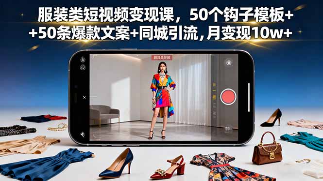 服装类短视频变现课，50个钩子模板+50条爆款文案+同城引流，月变现10w+-生财