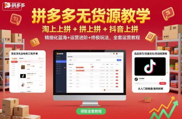 拼多多无货源教学，淘上拼+拼上拼+抖上拼，精细化蓝海+运营进阶+终极玩法，全套运营教程-生财