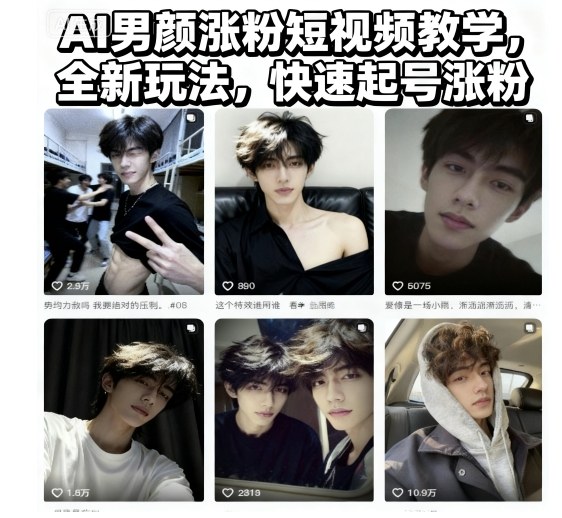 AI男颜涨粉短视频教学,全新玩法,快速起号涨粉-生财