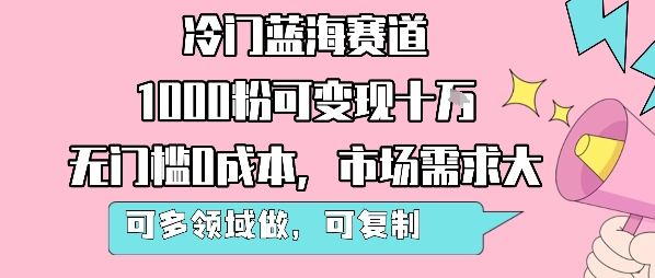 冷门蓝海赛道,1000粉可变现十W,无门槛0成本,市场需求大,可多领域做,可复制性强-生财