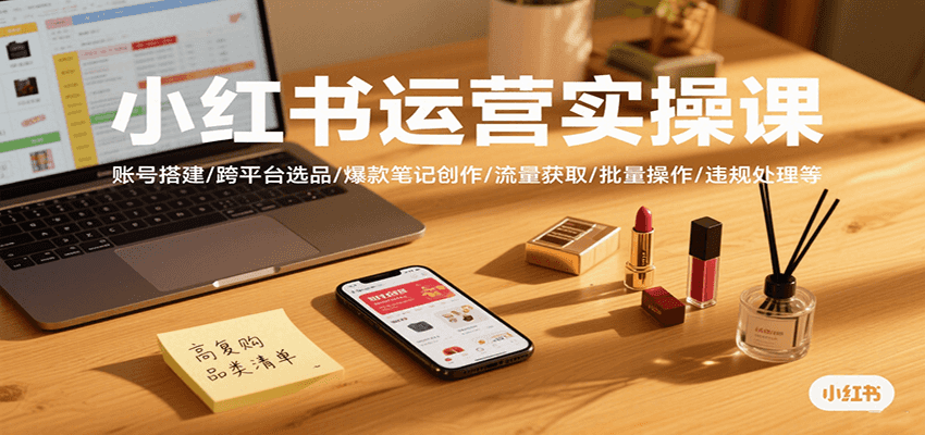 小红书运营实操课，账号搭建/跨平台选品/爆款笔记创作/流量获取/批量操作/违规处理等-生财