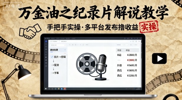 万金油之纪录片解说教学，手把手教你，完全实操，多平台发布撸收益-生财