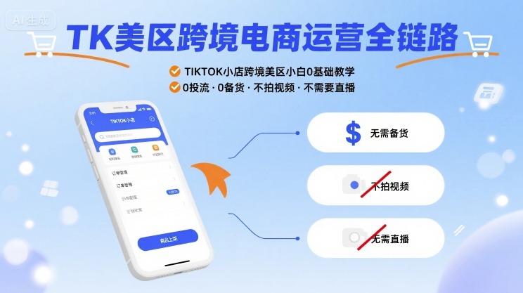 TK美区跨境电商运营全链路，TIKTOK小店跨境美区小白0基础教学，0投流0备货不拍视频不需要直播-生财