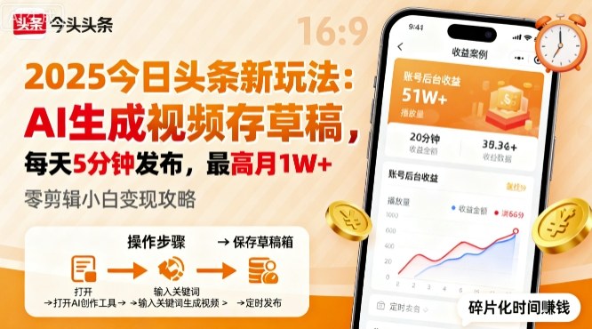 2025年今日头条躺賺新玩法，AI生成视频存草稿，每天5分钟发布，最高月1W+【揭秘】-生财