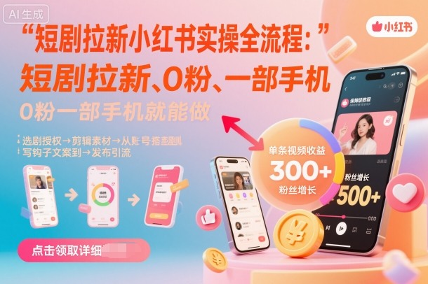 短剧拉新小红书实操全流程,0粉一部手机就可以做,详细教程-生财