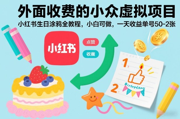 外面收费的小众虚拟项目，小红书生日涂鸦全教程，小白可做，一天收益单号50-2张-生财