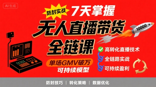无人直播带货全链防封实战课，7天掌握高转化直播技术，实现单场GMV破万可持续模型-生财