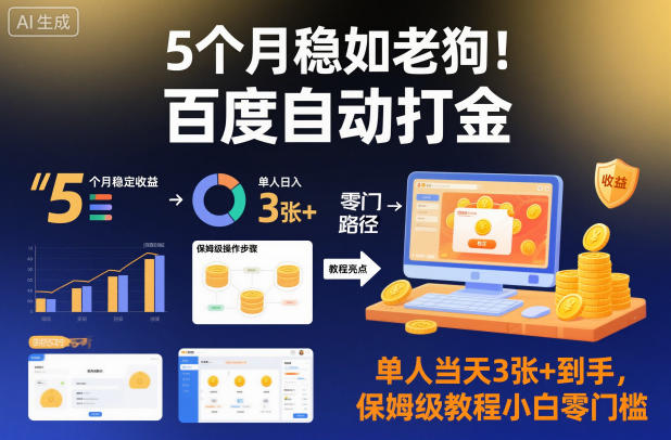 5个月稳如老狗！百度自动打金，单人当天3张+到手，保姆级教程小白零门槛【揭秘】-生财