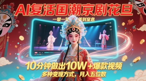 AI复活国潮京剧花旦，一颦一笑美到窒息，10分钟做出10W+爆款视频，多种变现方式，月入五位数-生财