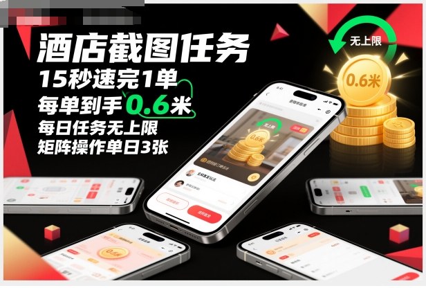酒店截图任务,15秒速完1单,每单到手0.6米,每日任务无上限,全网首发玩法,矩阵操作单日3张【揭秘】-生财