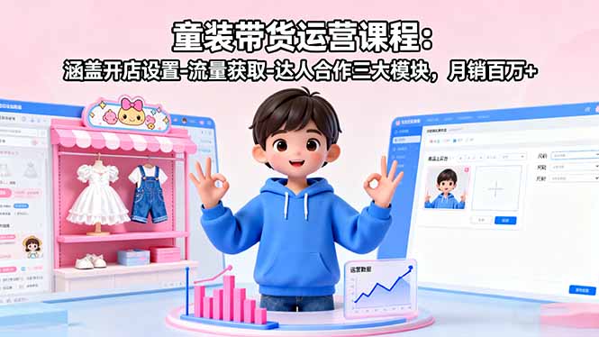 童装带货运营课程：涵盖开店设置-流量获取-达人合作三大模块，月销百万+-生财