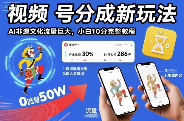 视频号分成新玩法，AI非遗文化流量巨大，小白10分钟搞定，完整教程-生财