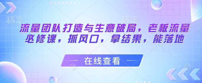 流量团队打造与生意破局,老板流量必修课,抓风口,拿结果,能落地-生财