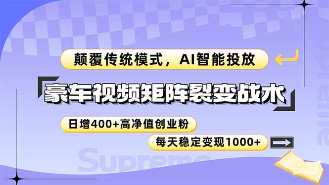 豪车视频矩阵裂变战术，颠覆传统模式，AI智能投放，日增400+高净值创业…-生财