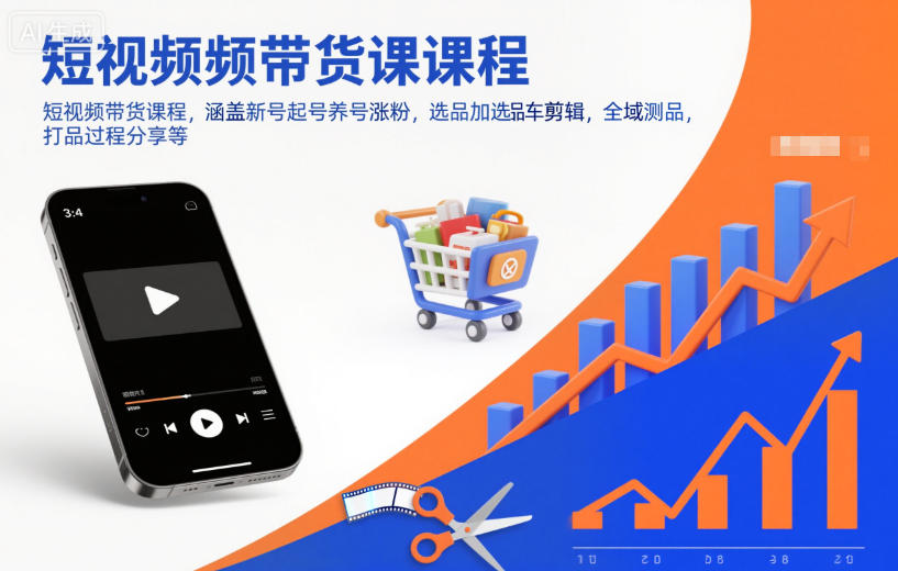 短视频带货课程，涵盖新号起号养号涨粉，选品加选品车剪辑，全域测品，打品过程分享等-生财