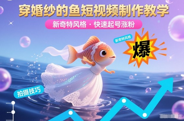 穿婚纱的鱼短视频制作教学，新奇特风格，快速起号涨粉-生财