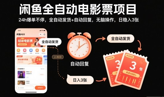 闲鱼全自动电影票项目，24h爆单不停，全自动发货+自动回复，无脑操作，日稳入3张【揭秘】-生财
