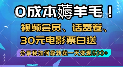 0成本薅羊毛!视频会员、话费卷、30元电影票白送，分享我如何靠转卖一天变现5张+【揭秘】-生财