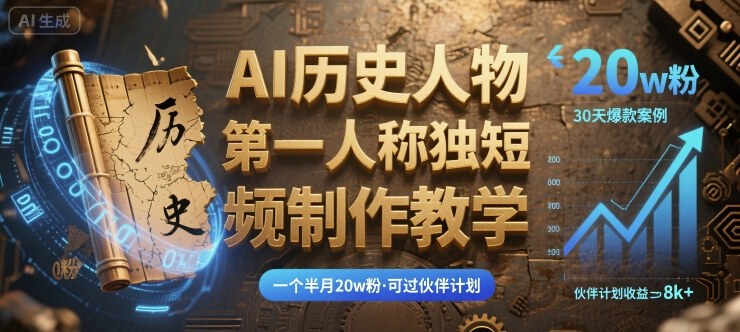 最新AI历史人物第一人称独白短视频制作教学，一个半月20w粉，可过伙伴计划-生财