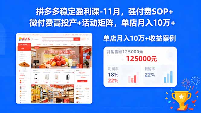 拼多多稳定盈利课-11月，强付费SOP+微付费高投产+活动矩阵，单店月入10万+-生财