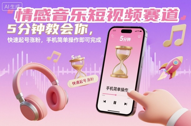 情感音乐短视频赛道，5分钟教会你，快速起号涨粉，手机简单操作即可完成-生财