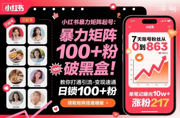 小红书暴力矩阵起号，教你打通引流-变现速通，日锁100+粉，破流量黑盒-生财